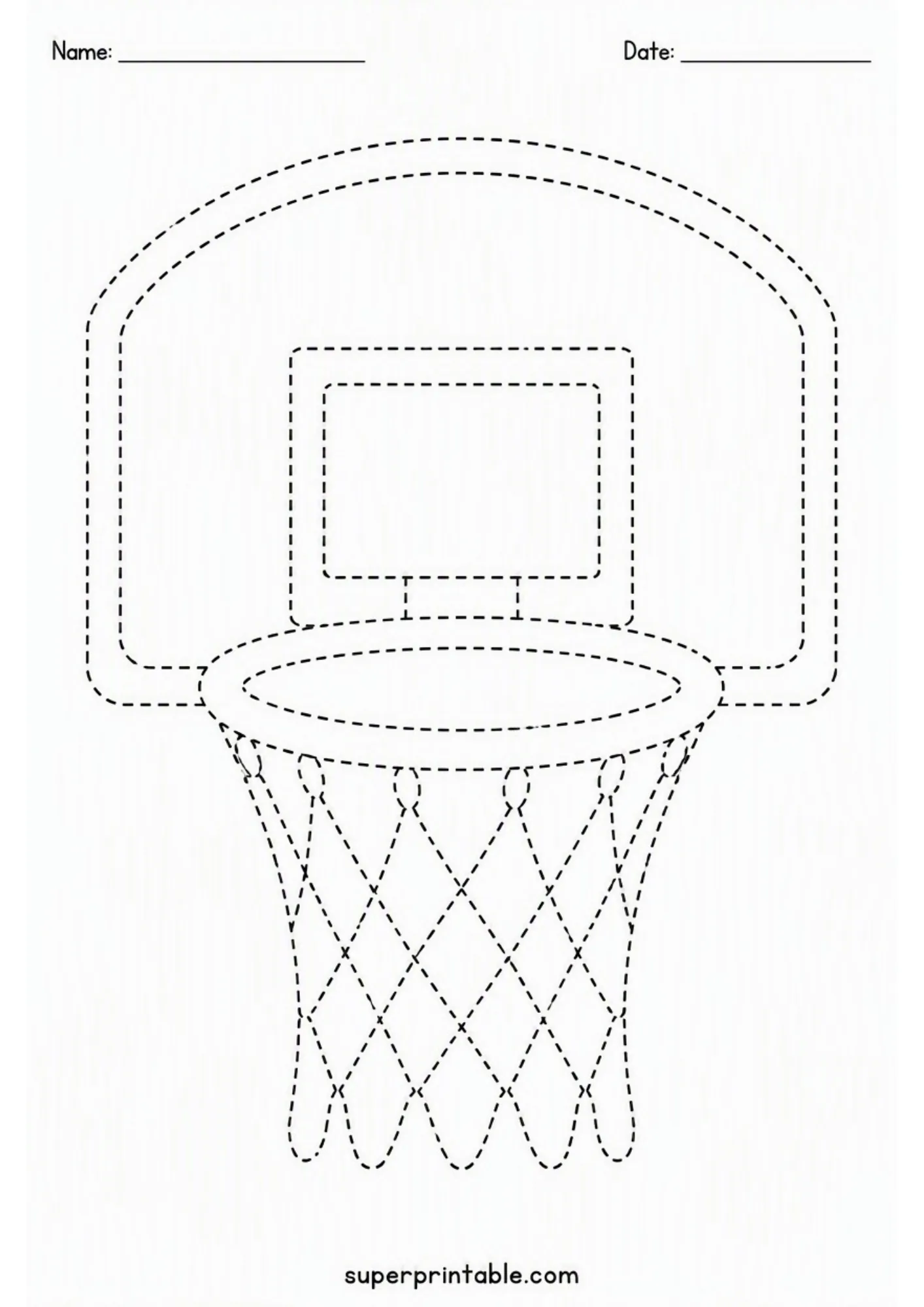 Sports and games activity worksheet depicting a basketball hoop and net outline.