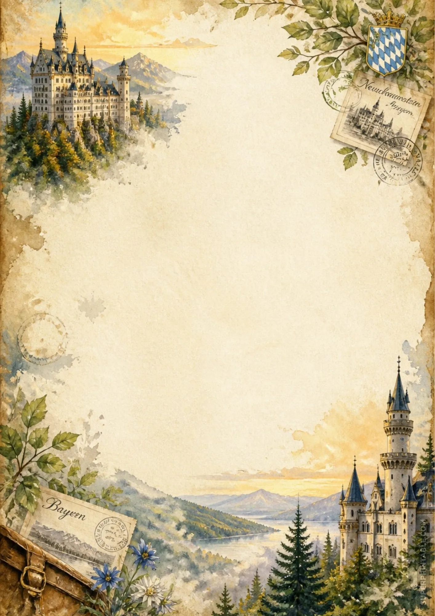 Bavarian castle watercolor page border with vintage postmark stamps and scenic lake view frame