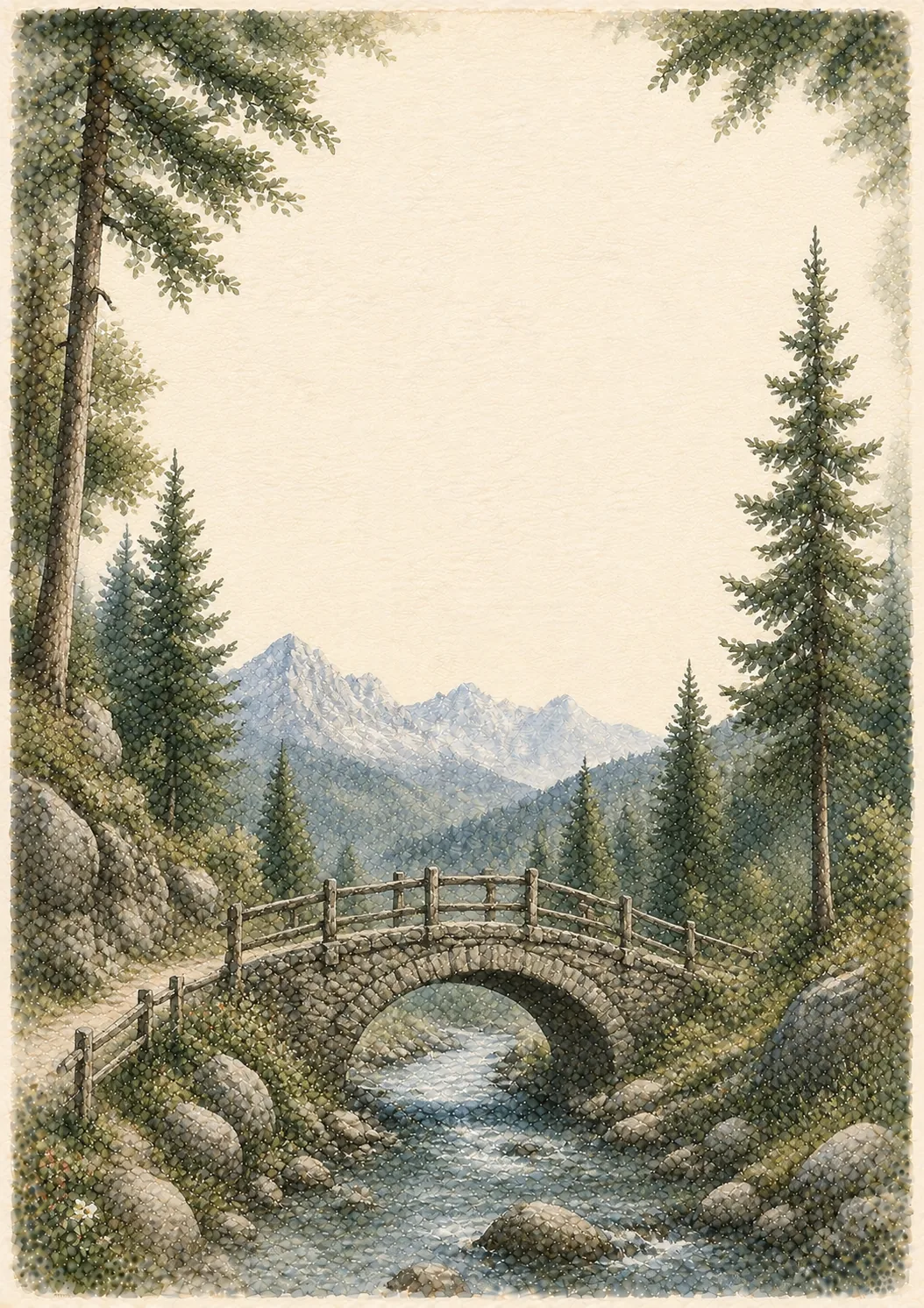 bavarian alps border paper with rustic stone arch bridge over mountain stream.