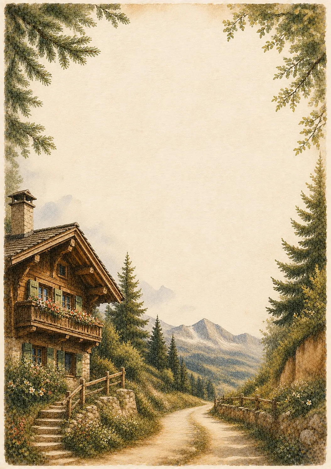 Bavarian chalet with flower balcony alongside a winding mountain path in watercolor border style.