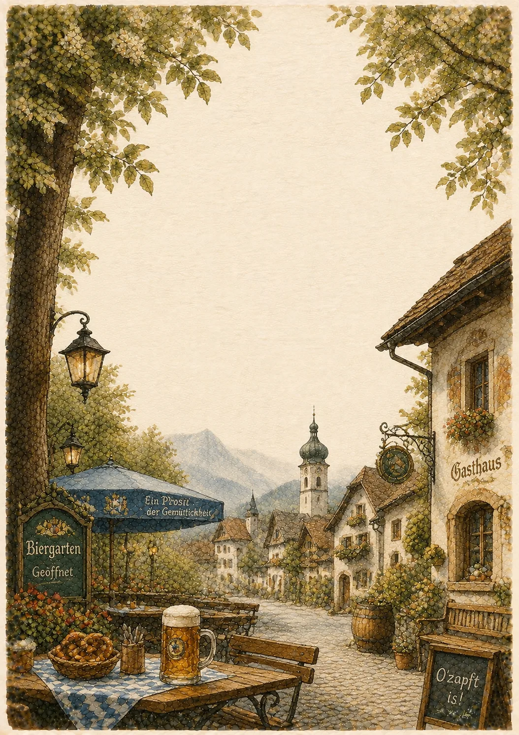 bavarian alps border paper showing outdoor tavern table with beer mug and pretzels.