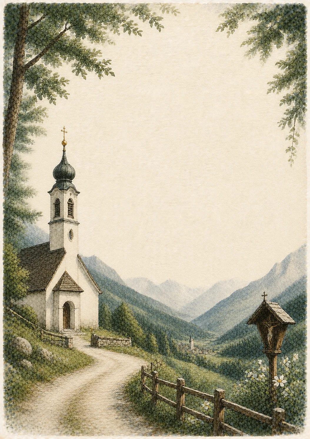 White alpine church with onion dome tower beside a wooden wayside shrine in Bavaria.