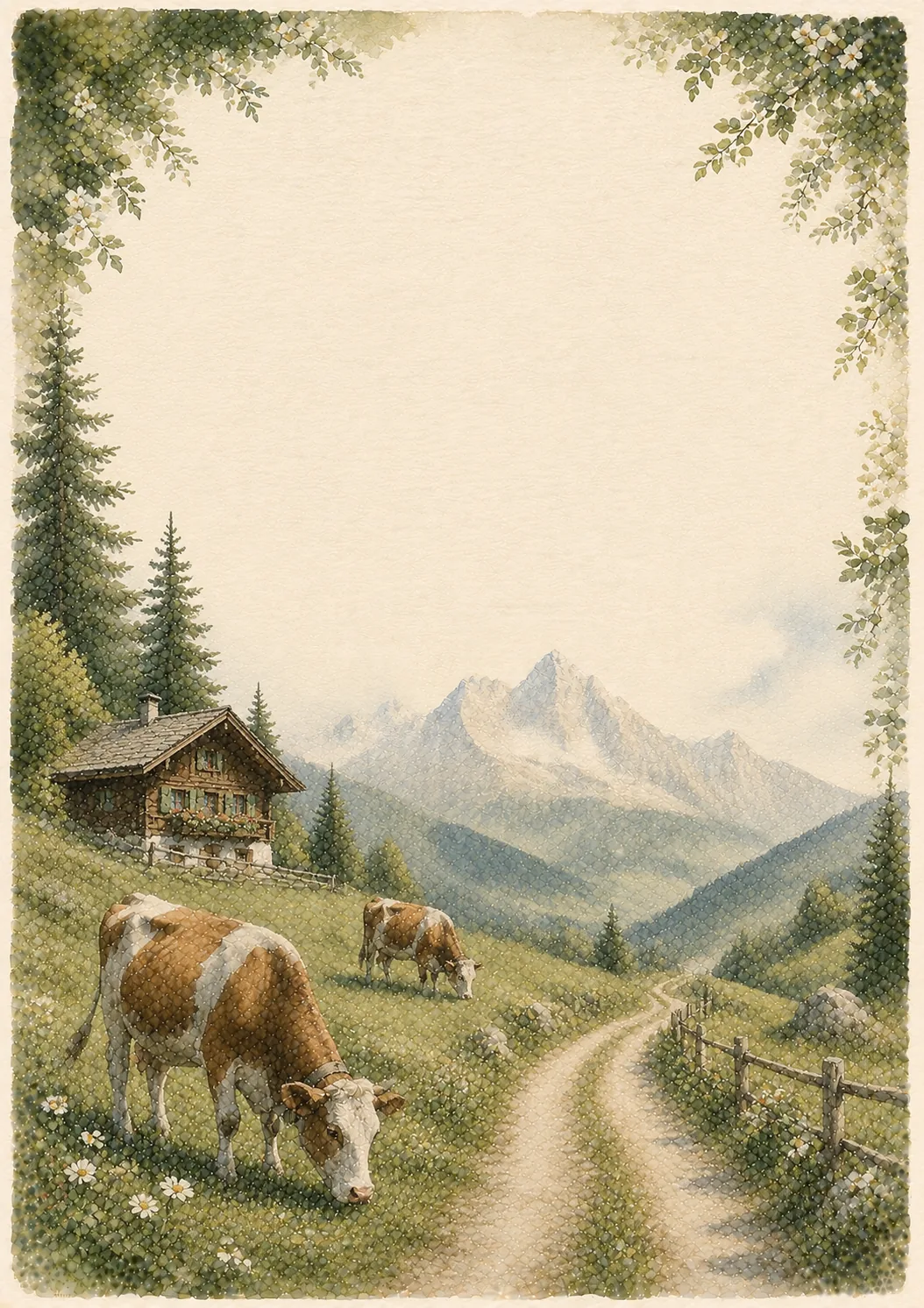Brown and white cows grazing in an alpine pasture with a wooden chalet in background.