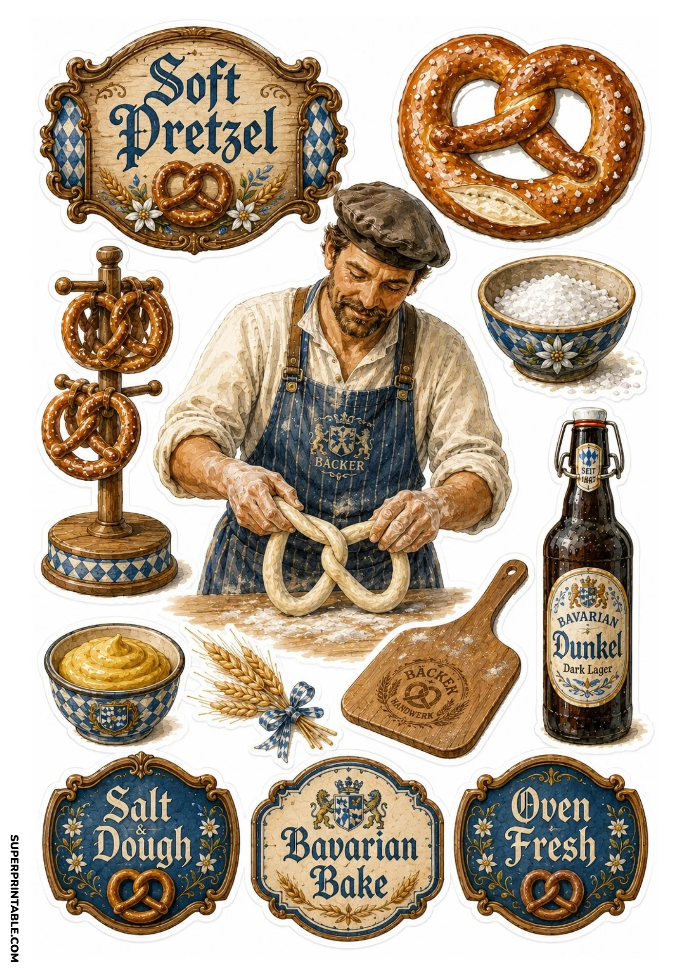 Bavarian soft pretzel sticker sheet with a baker twisting pretzel dough, wooden pretzel stand, beer bottle, and mustard bowl.