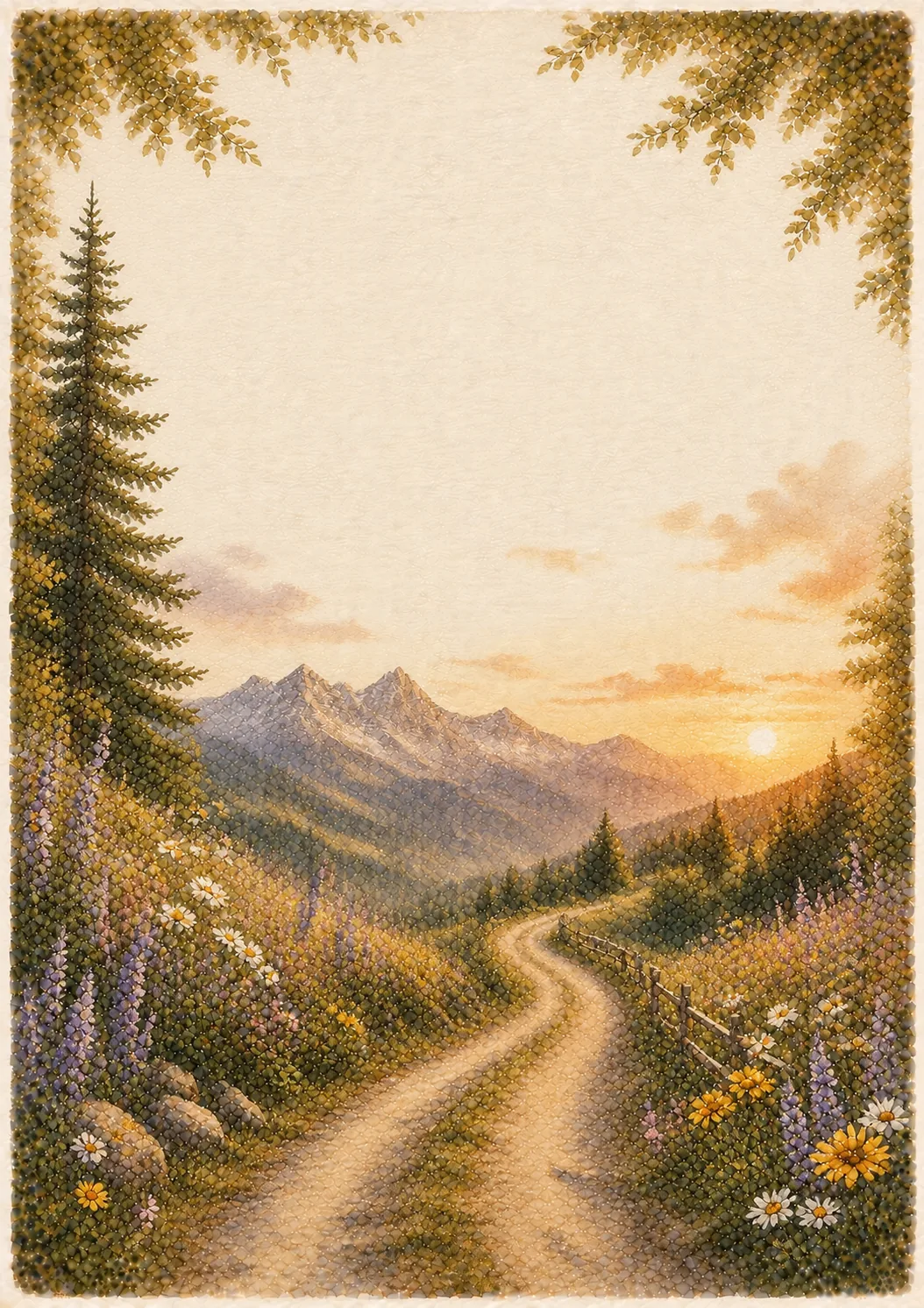 Golden sunset glowing over mountain peaks behind a wildflower-lined dirt pathway.