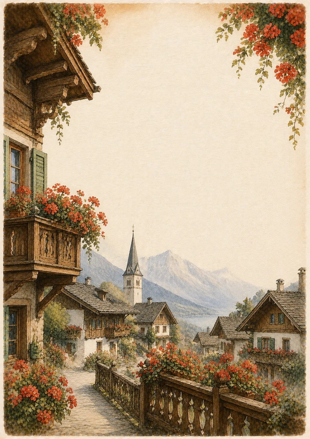 Red geranium balcony boxes framing a traditional Bavarian alpine village with church spire.