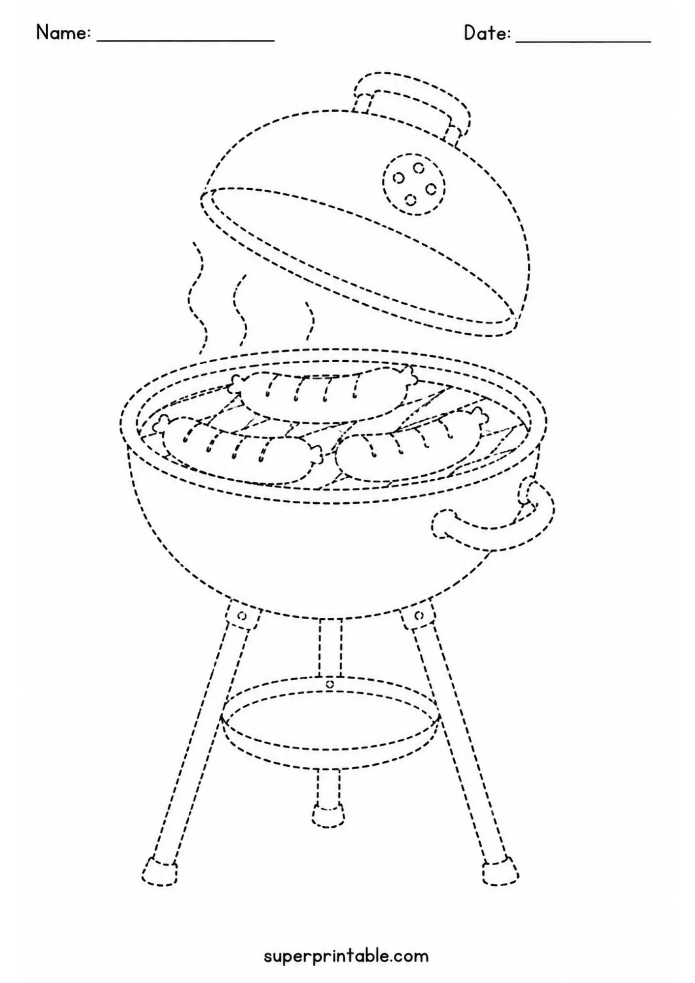 Kettle barbecue grill with sausages line tracing worksheet for summer activity worksheets fun.
