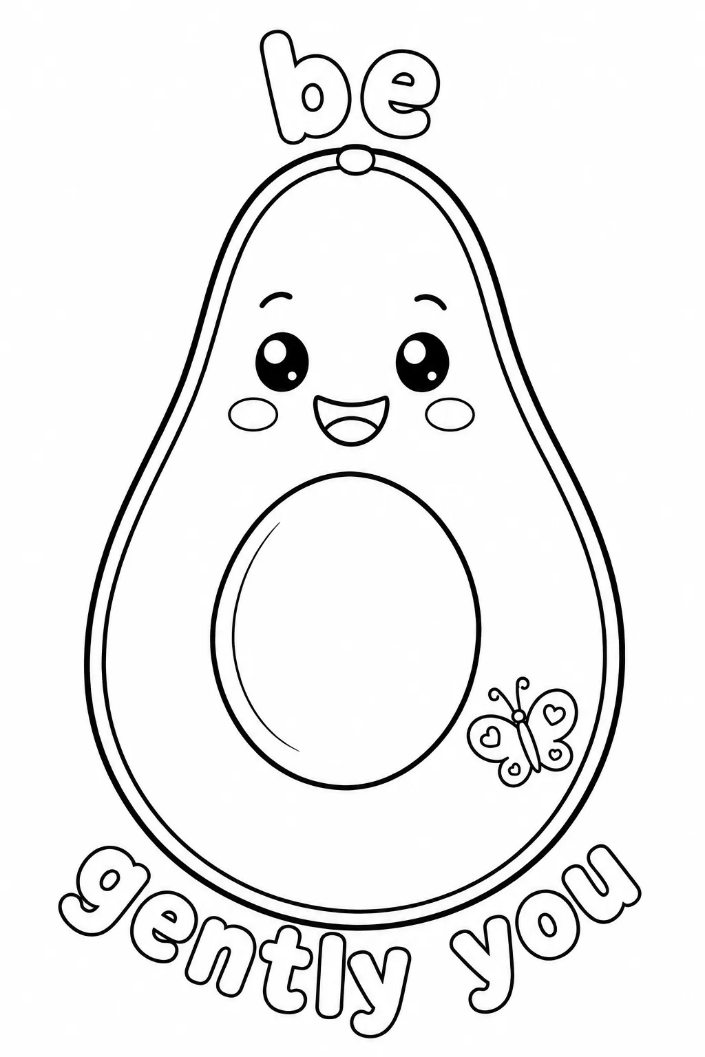 Friendly avocado character featuring a butterfly and be gently you.