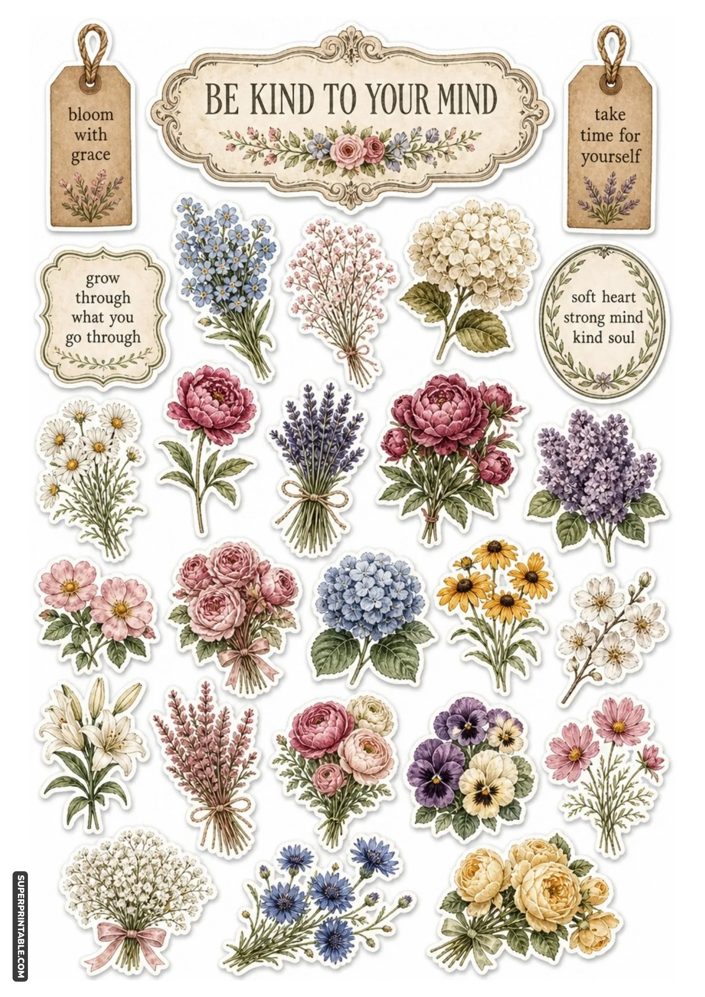Pastel floral printables with mental health quotes for planners and crafts.