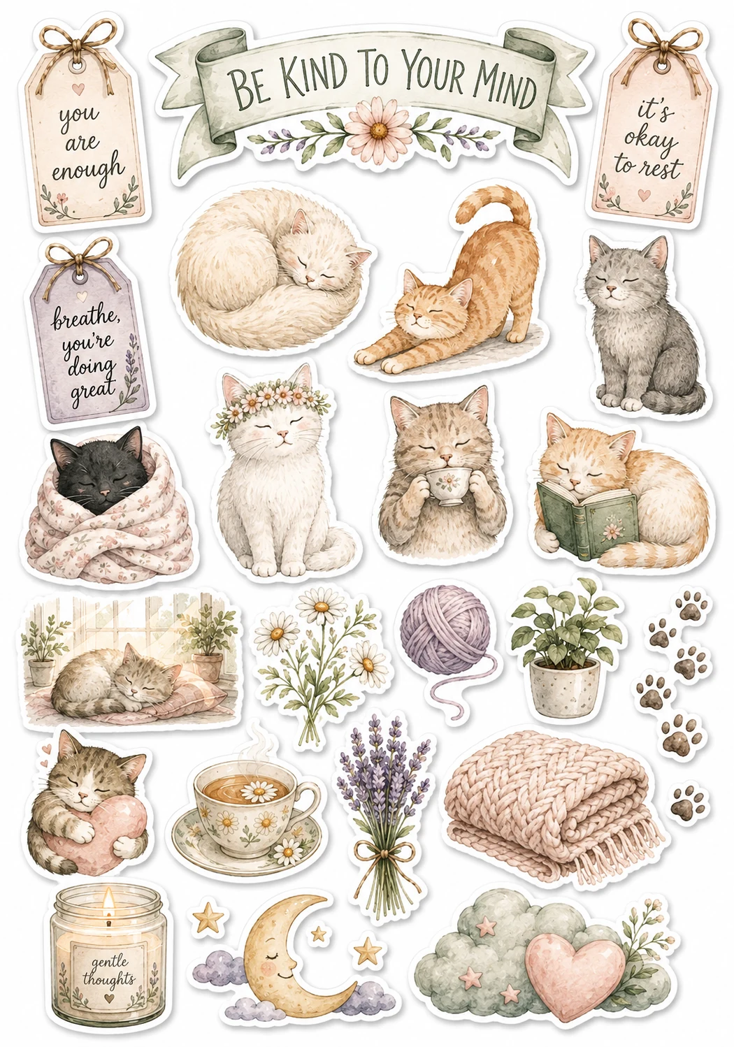 Be Kind To Your Mind Sleeping Cat Sheet featuring cozy cats, mental health self-care, mindfulness, and gentle affirmations.