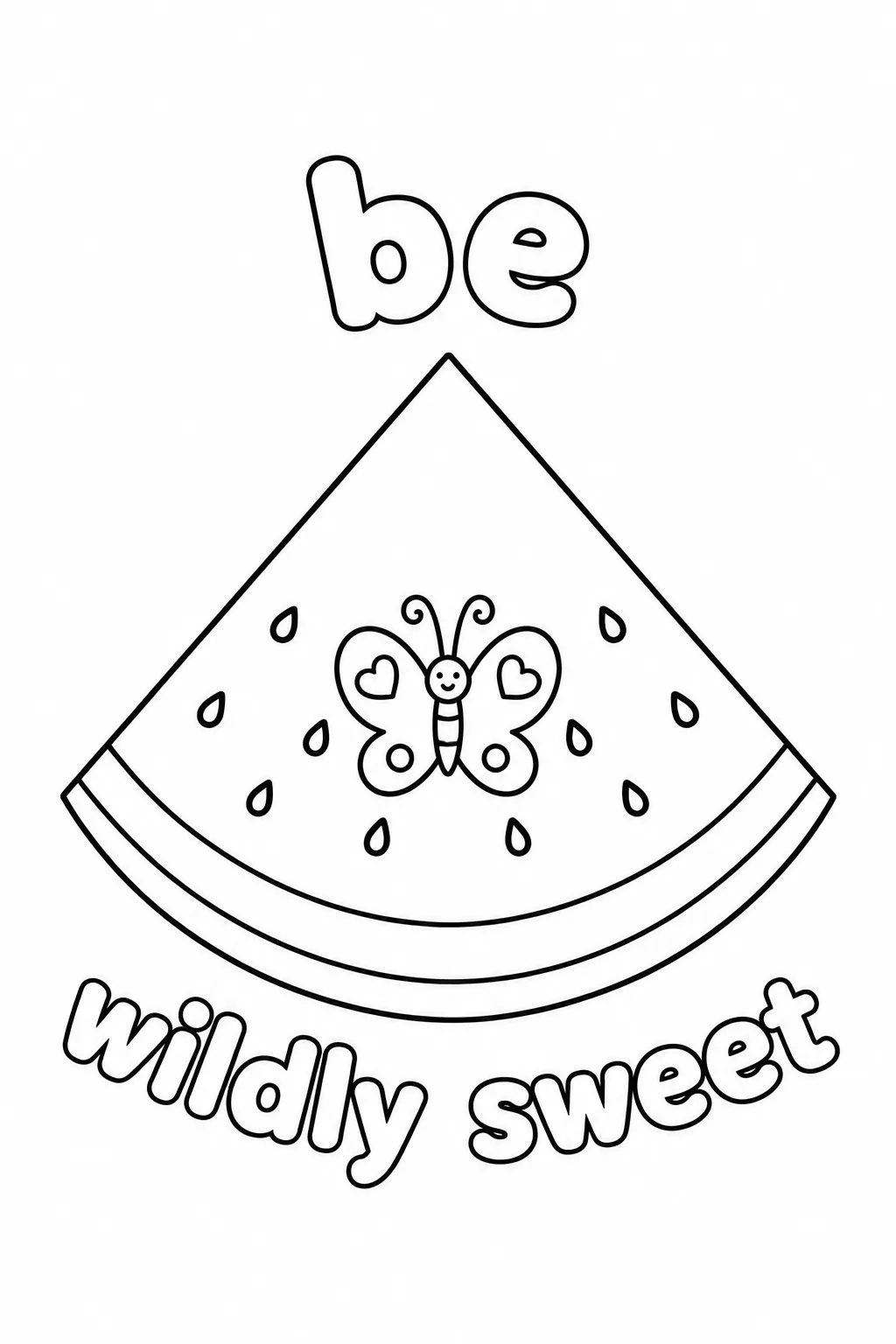 Charming butterfly illustration inside a watermelon slice coloring outline.