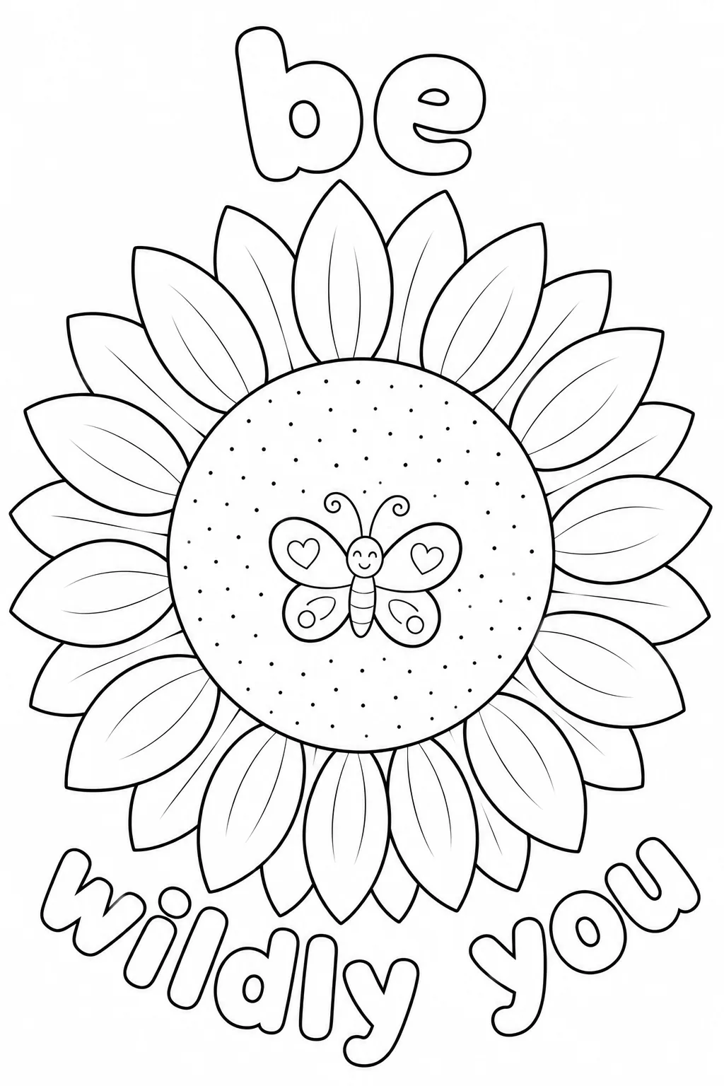 Cute butterfly with heart wings inside a sunflower center disc and be wildly you caption.