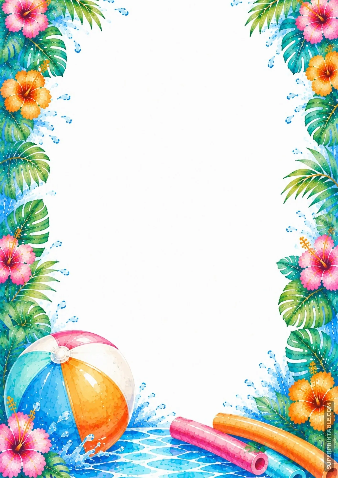 Tropical page frame with a colorful beach ball, pool noodles, and pink hibiscus blossoms.