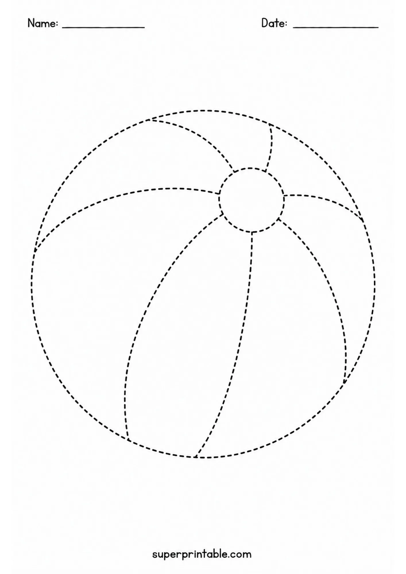 Round summer beach ball line tracing worksheet for preschool motor skill development.