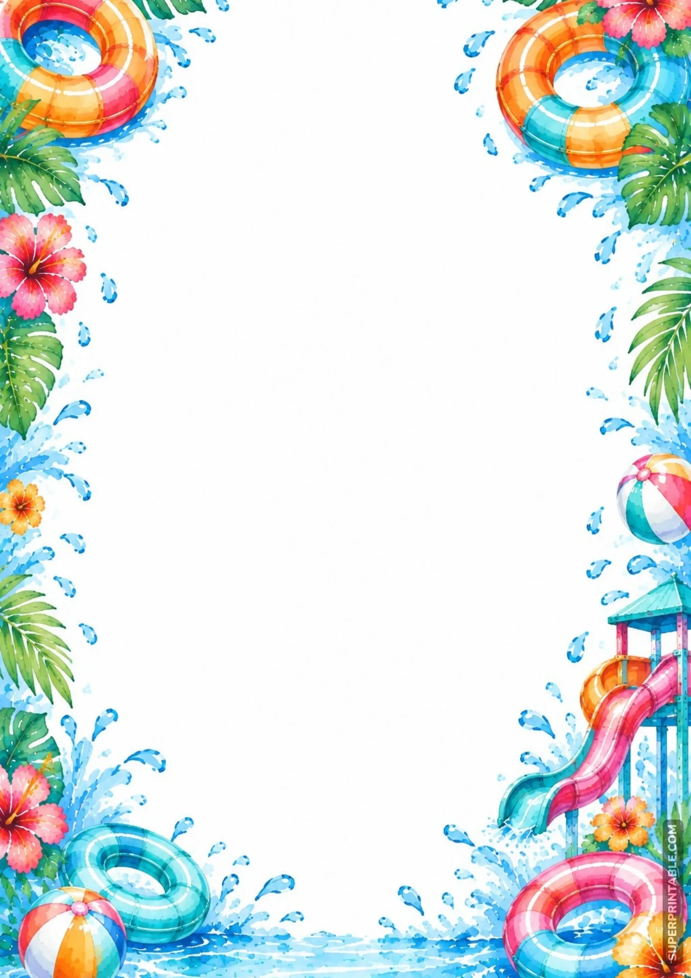 Fun pool party border decorated with beach balls, inflatable swim rings, and a water slide tower.