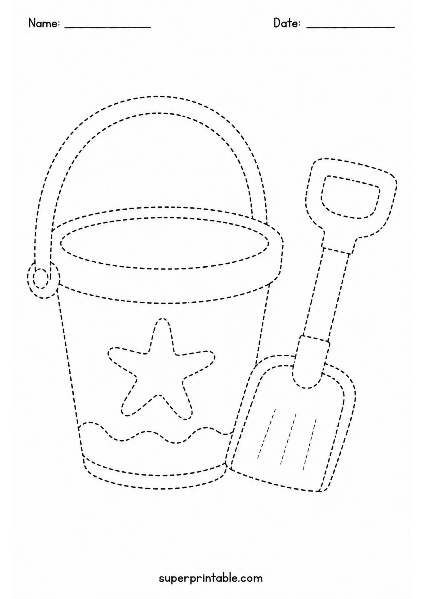 Beach bucket and shovel tracing sheet with starfish accent for preschool practice.