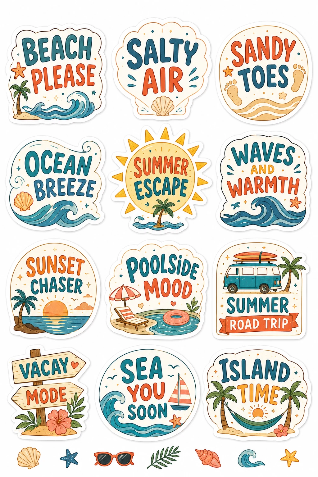 Beach Please Sandy Toes Ocean Stickers featuring daily motivation, praise badges, daily affirmations, and school rewards.