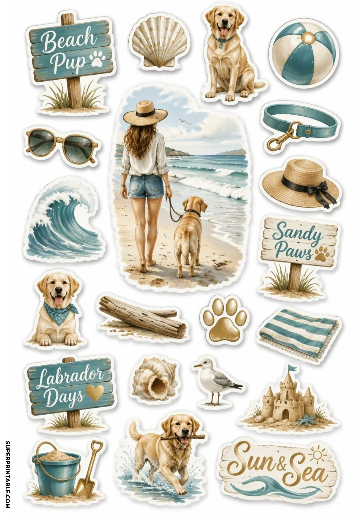 Coastal beach dog walk aesthetic lifestyle sticker sheet with golden retriever, ocean waves, and wooden signs.