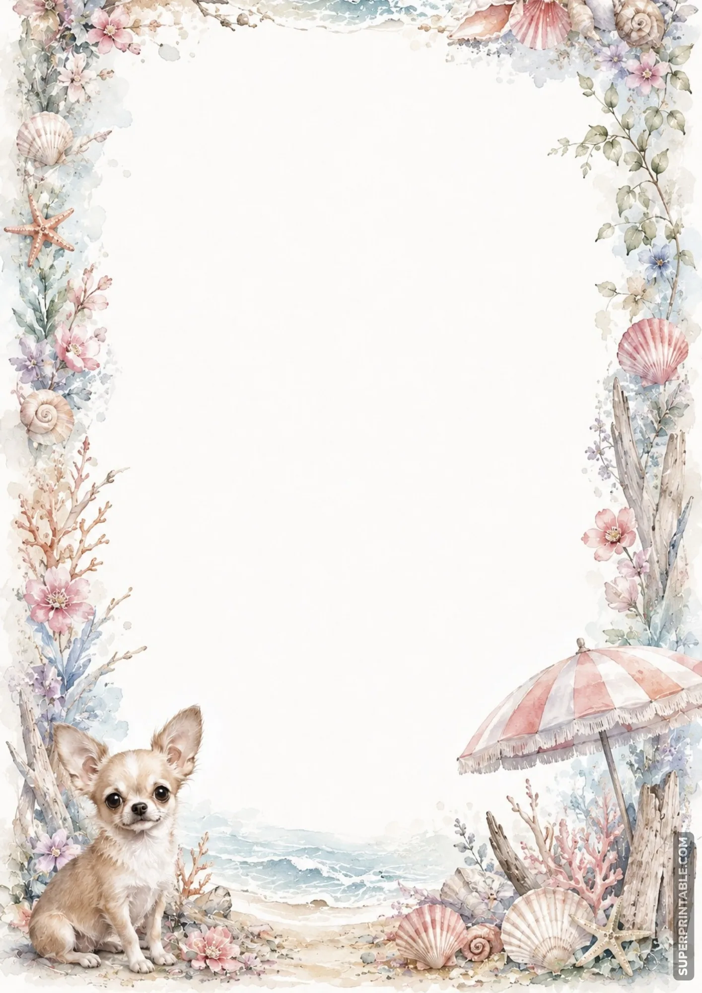 Seashore beach border with pink sun umbrella seashells ocean waves and chihuahua