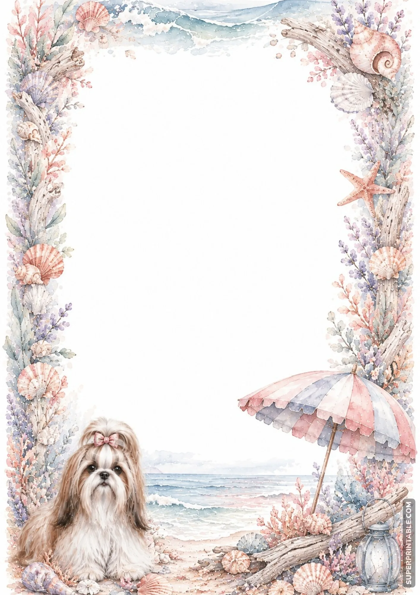 Coastal beach shoreline border with sun umbrella seashells waves and small dog