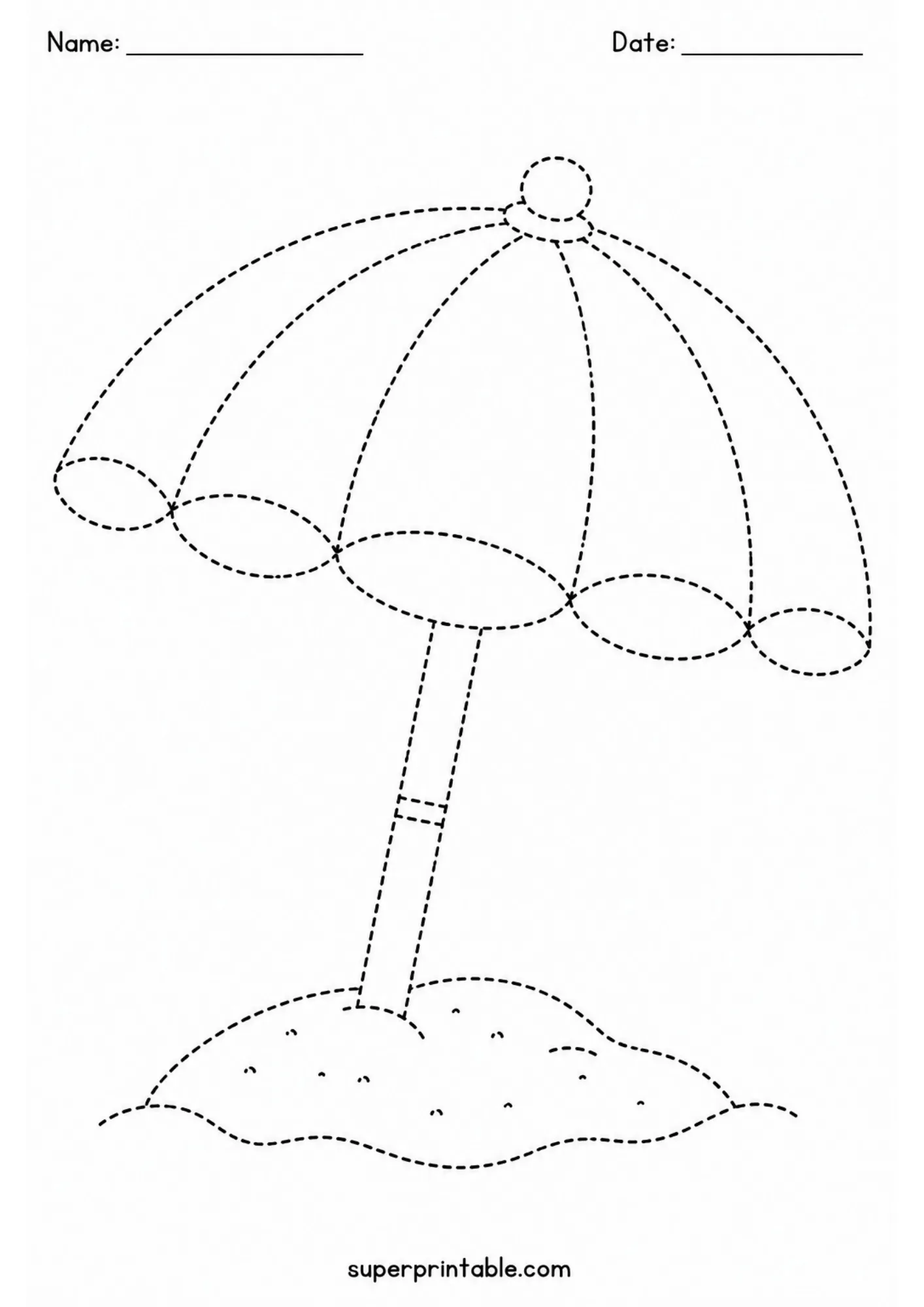 Printable line tracing activity showing a beach umbrella standing on a mound of sand.