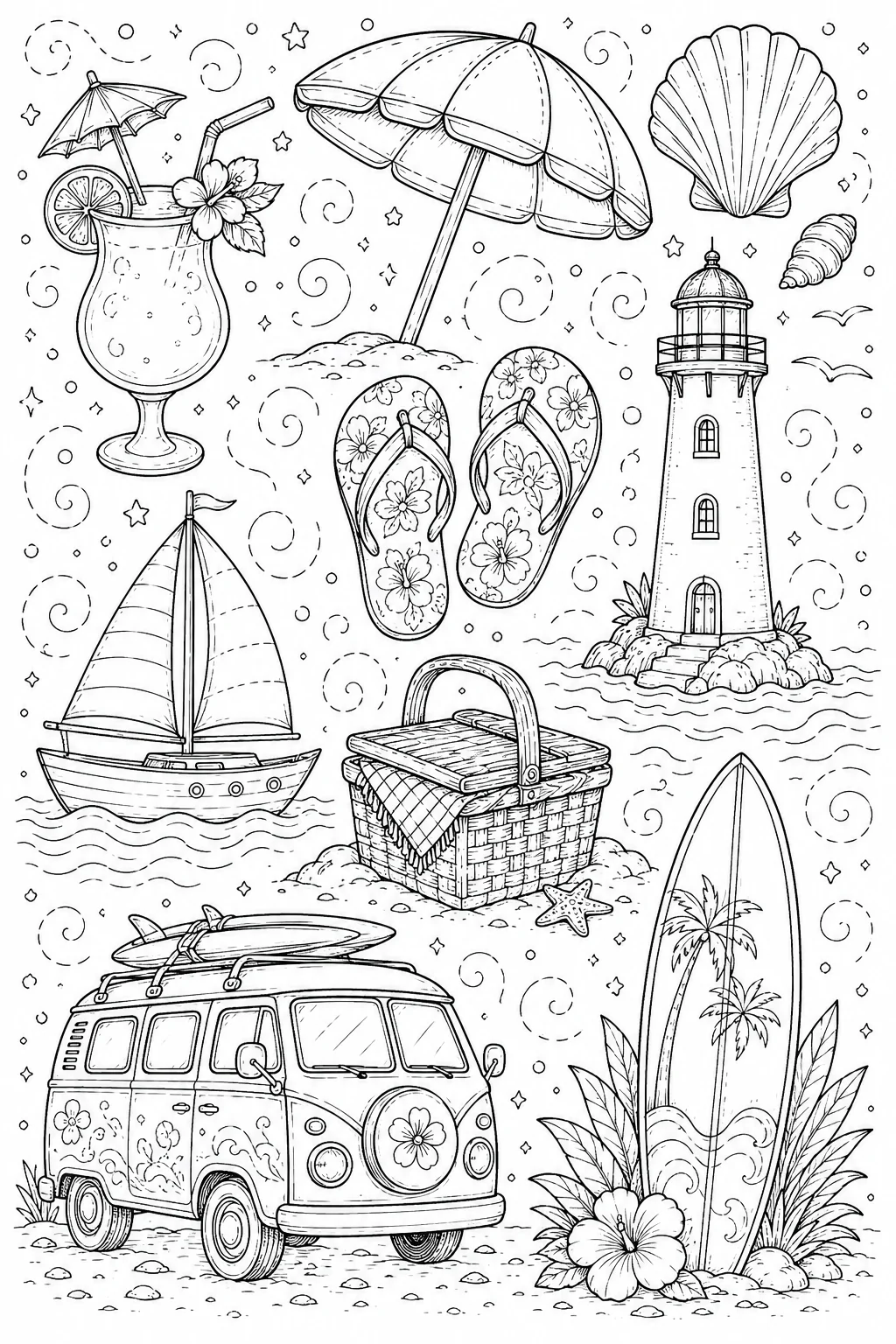 Printable Beach Vacation vintage surf camper and coastal lighthouse doodle coloring page sheet