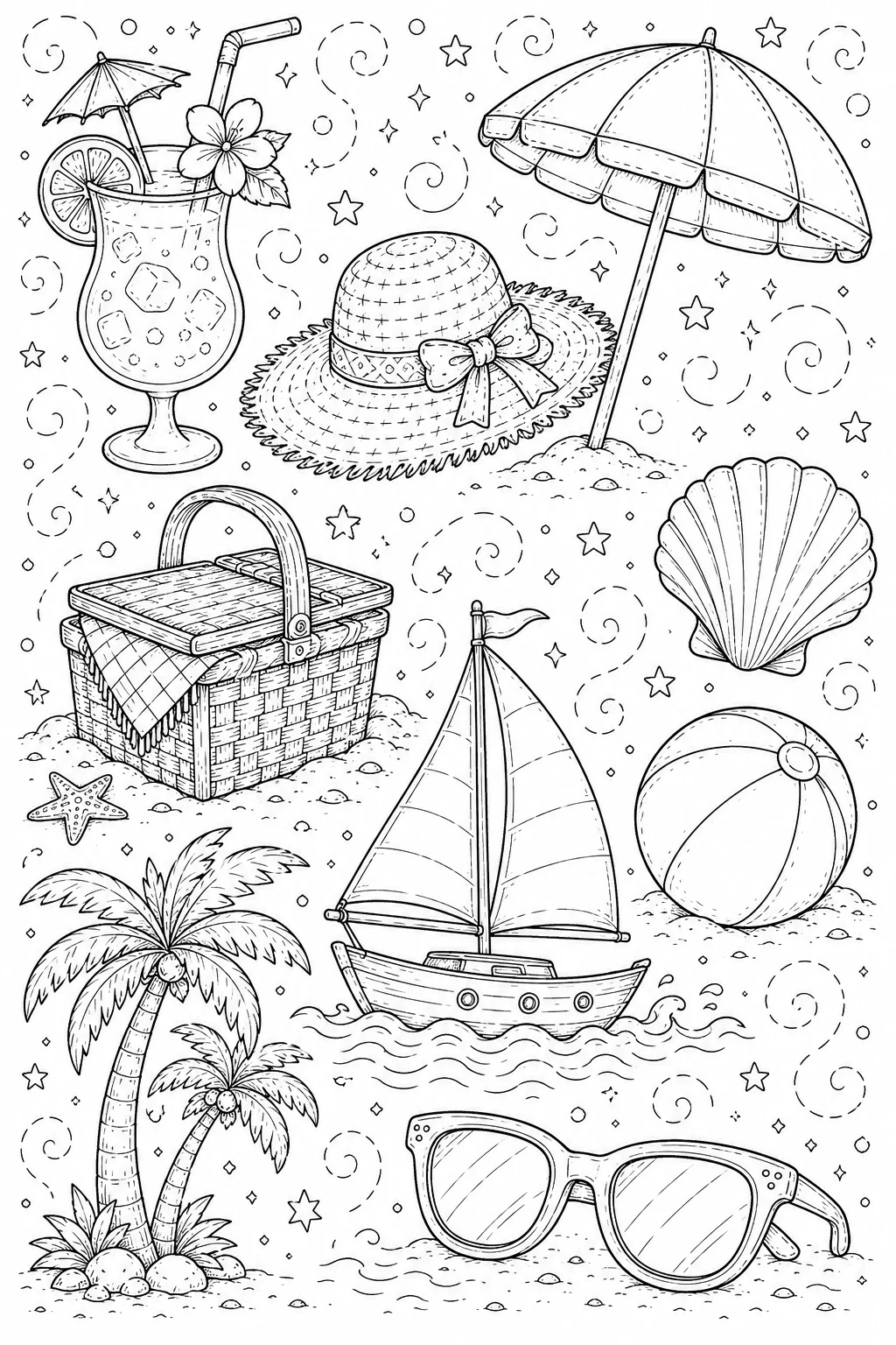 Printable Beach Vacation tropical cocktail and sun beach umbrella doodle coloring page sheet