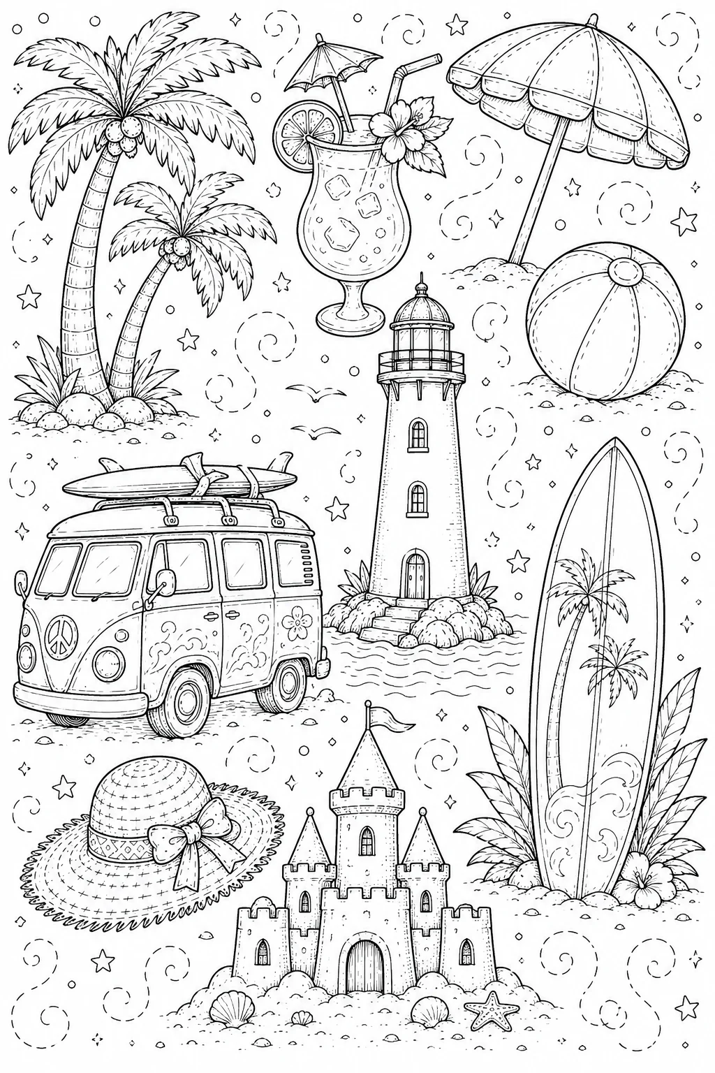 Printable Beach Vacation swaying palm trees and striped surfboard doodle coloring page sheet