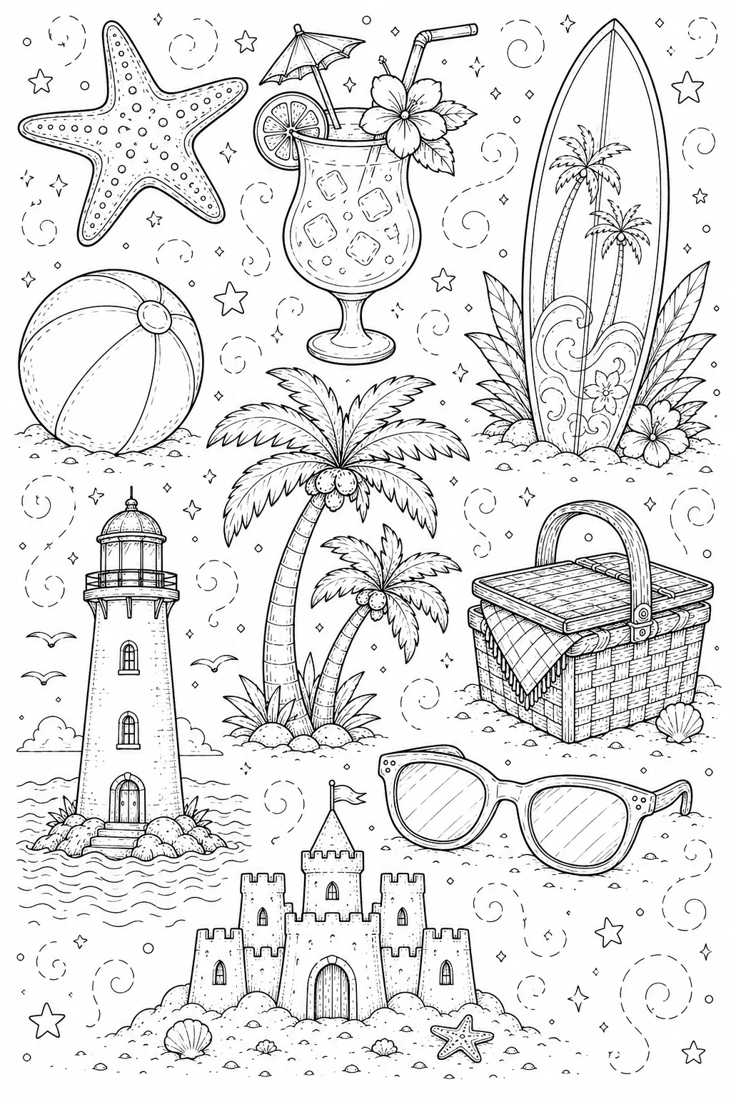 Printable Beach Vacation sandcastle on the shore and starfish doodle coloring page sheet