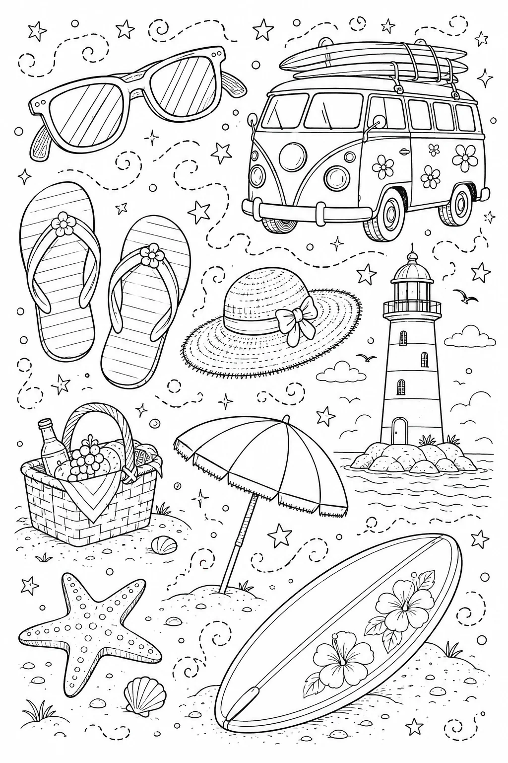 Printable Beach Vacation seaside picnic basket and flip-flops doodle coloring page sheet