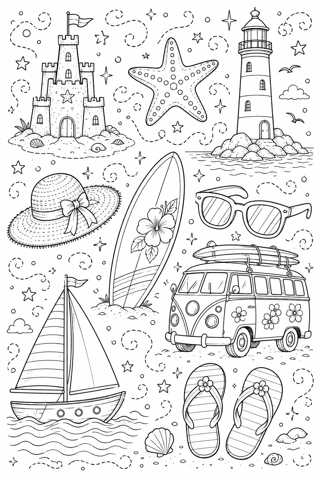 Printable Beach Vacation coastal lighthouse and ocean sailboat doodle coloring page sheet