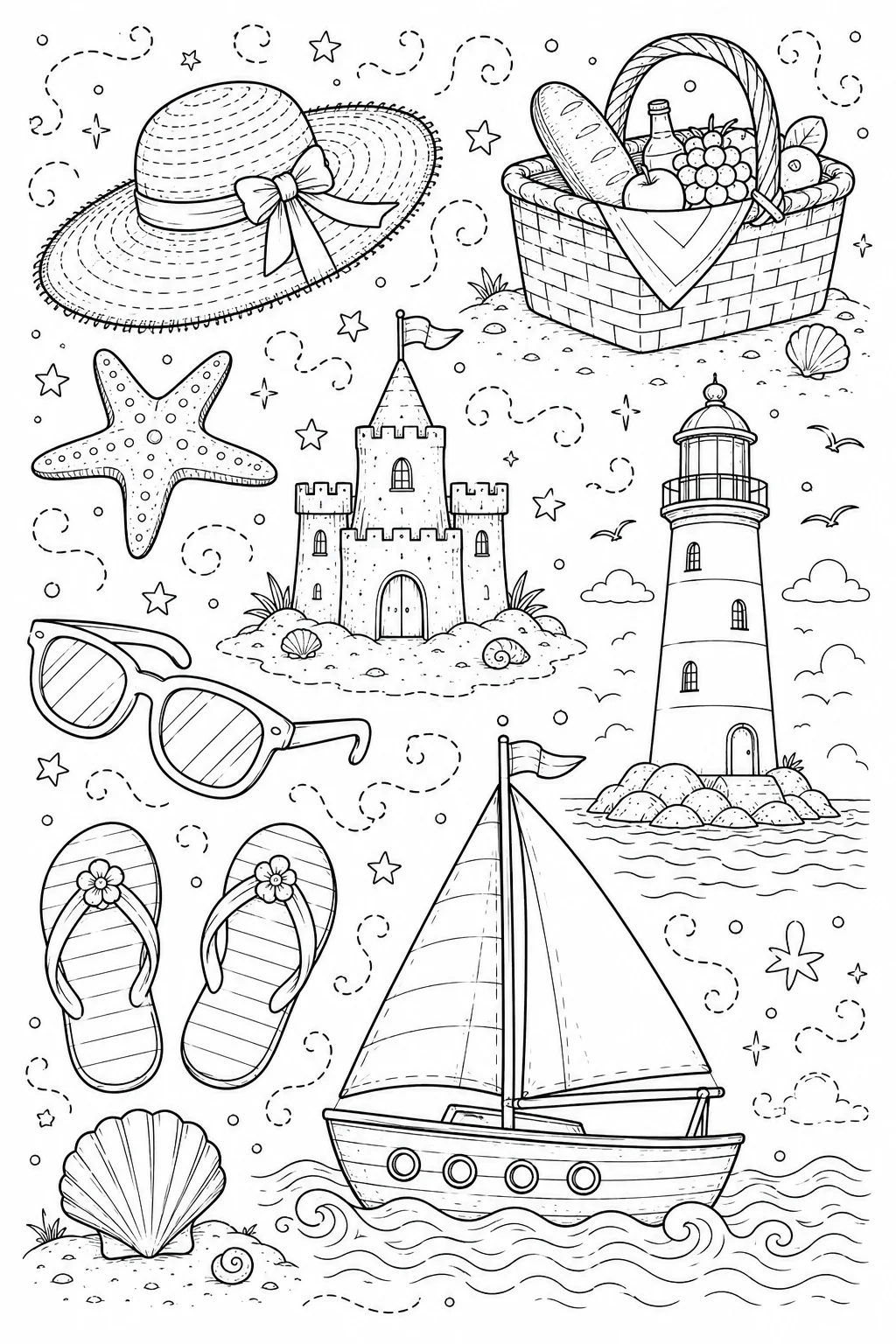 Printable Beach Vacation grand sandcastle and sun hat doodle coloring page sheet