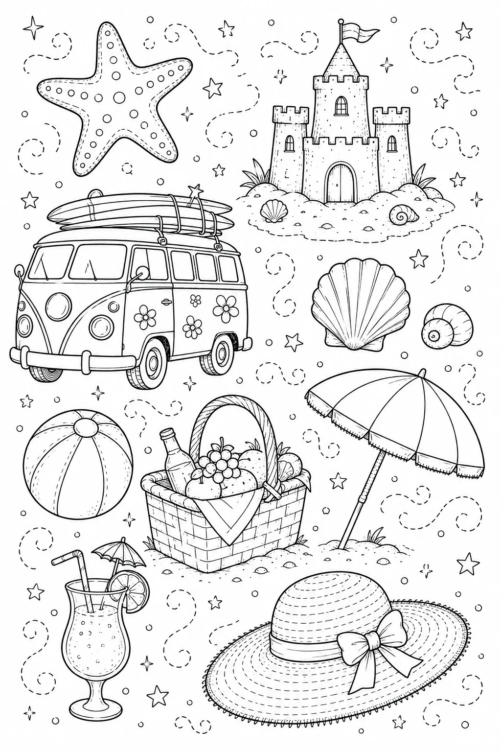 Printable Beach Vacation retro surf van and beach umbrella doodle coloring page sheet