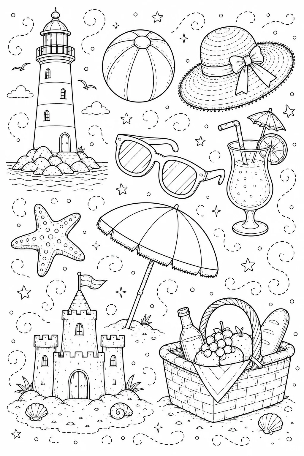 Printable Beach Vacation tropical drink and starfish beach doodle coloring page sheet