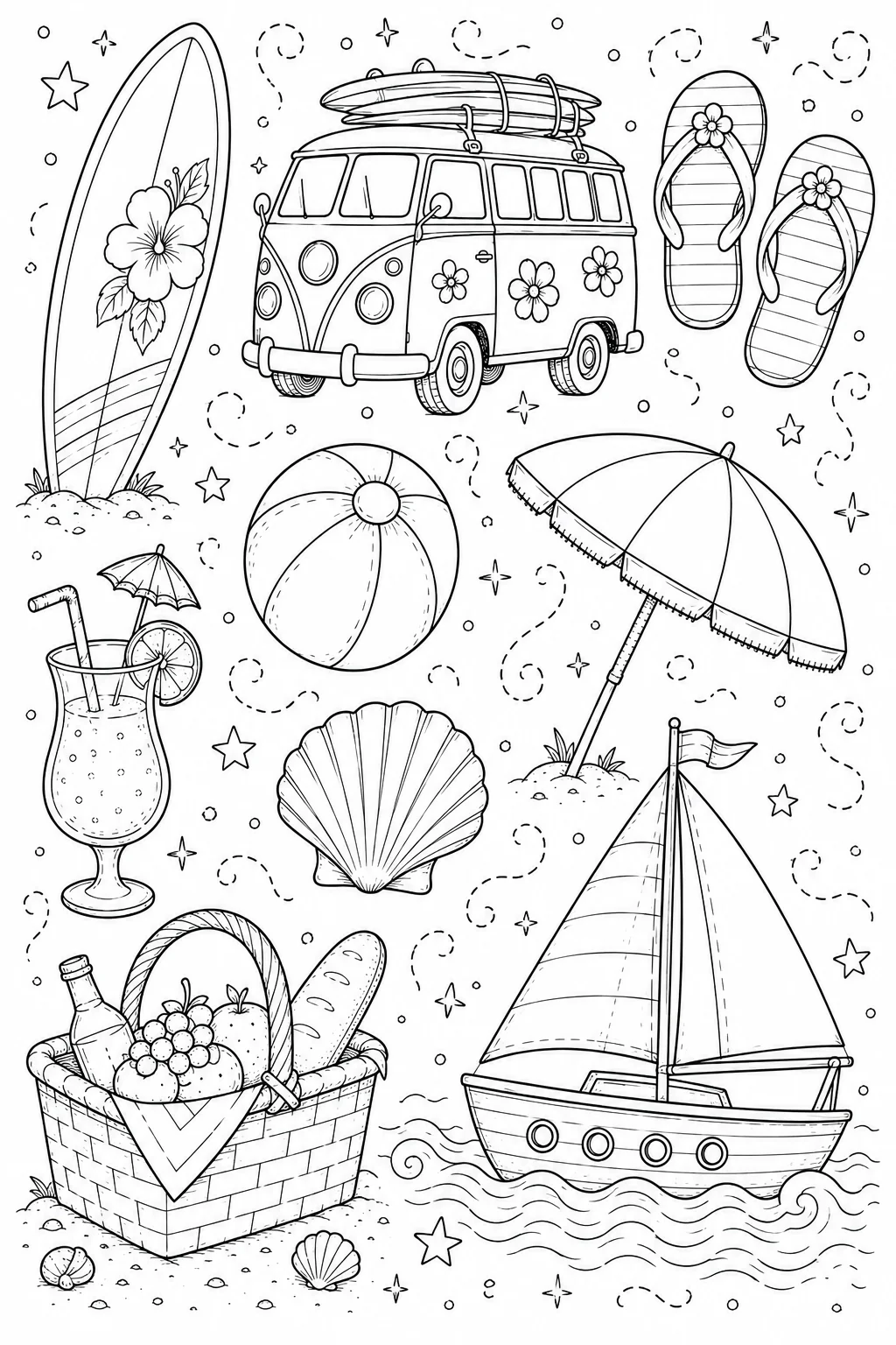 Printable Beach Vacation sailboat on the waves and coconut palms doodle coloring page sheet