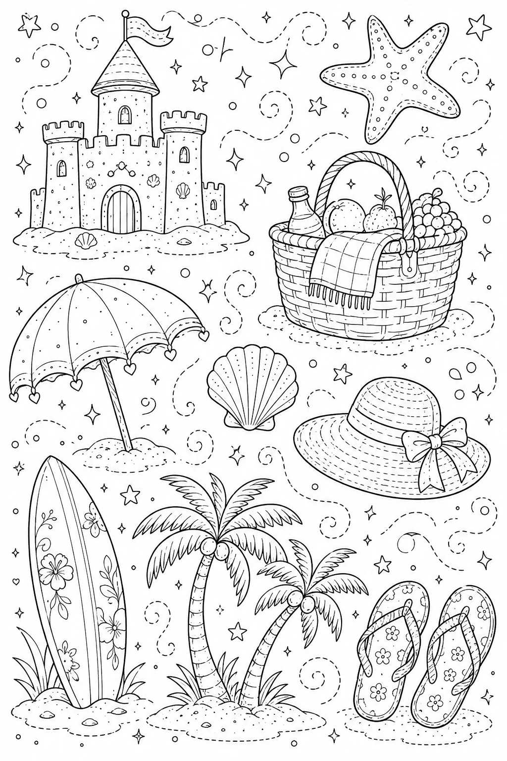 Printable Beach Vacation tropical palm trees and sandy beach shells doodle coloring page sheet