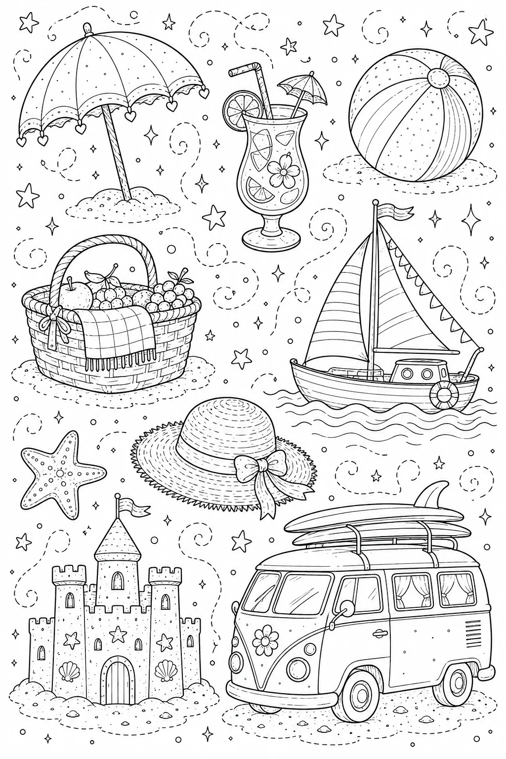 Printable Beach Vacation seaside lighthouse and vintage beach camper doodle coloring page sheet