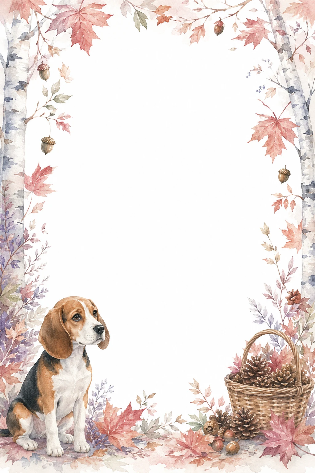 Watercolor border page featuring a Beagle in a autumn setting, with a blank center and no text or watermark.