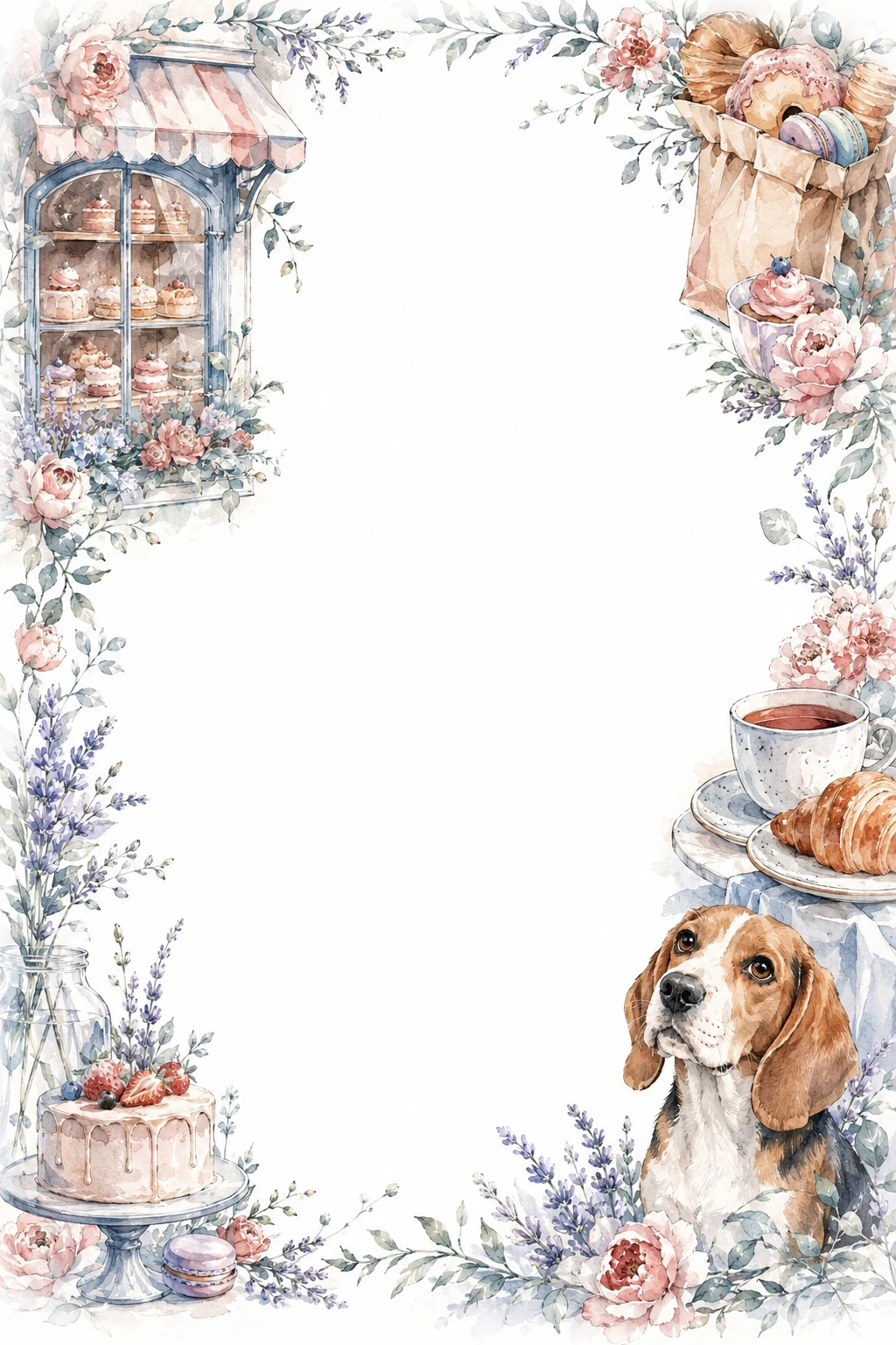 Watercolor border page featuring a Beagle in a bakery setting, with a blank center and no text or watermark.
