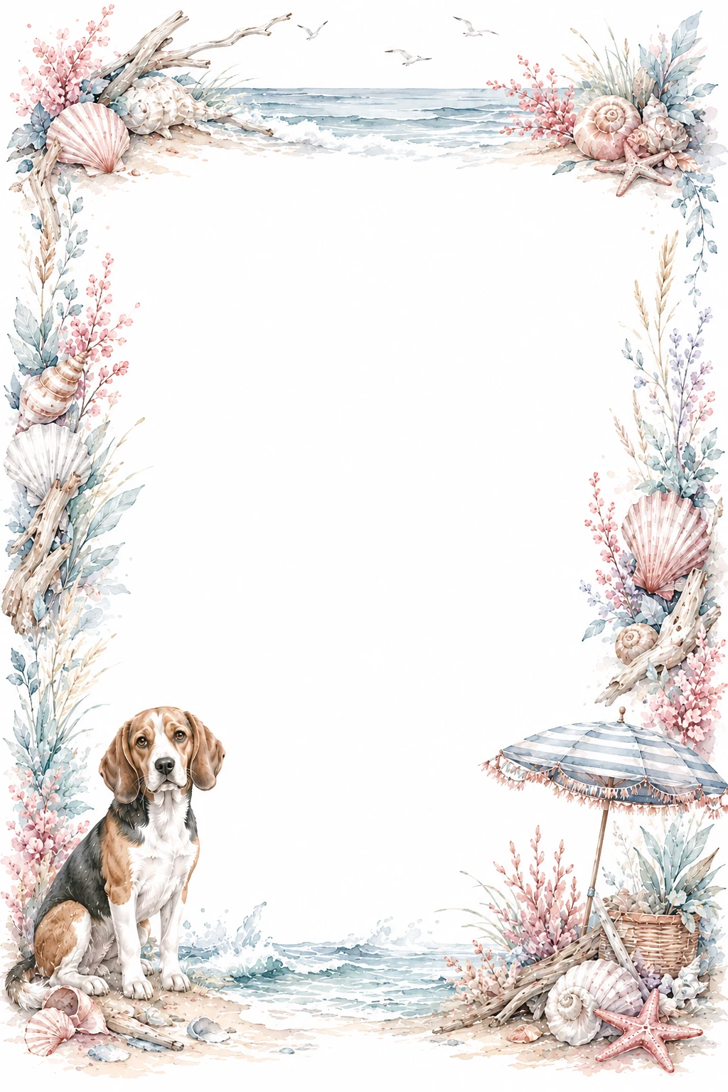 Watercolor border page featuring a Beagle in a beach setting, with a blank center and no text or watermark.