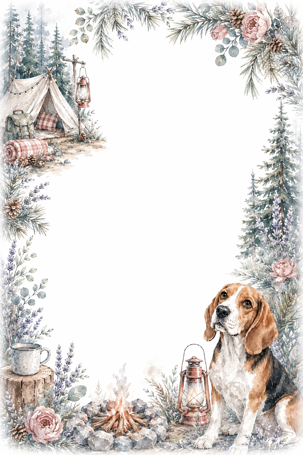 Watercolor border page featuring a Beagle in a camping setting, with a blank center and no text or watermark.