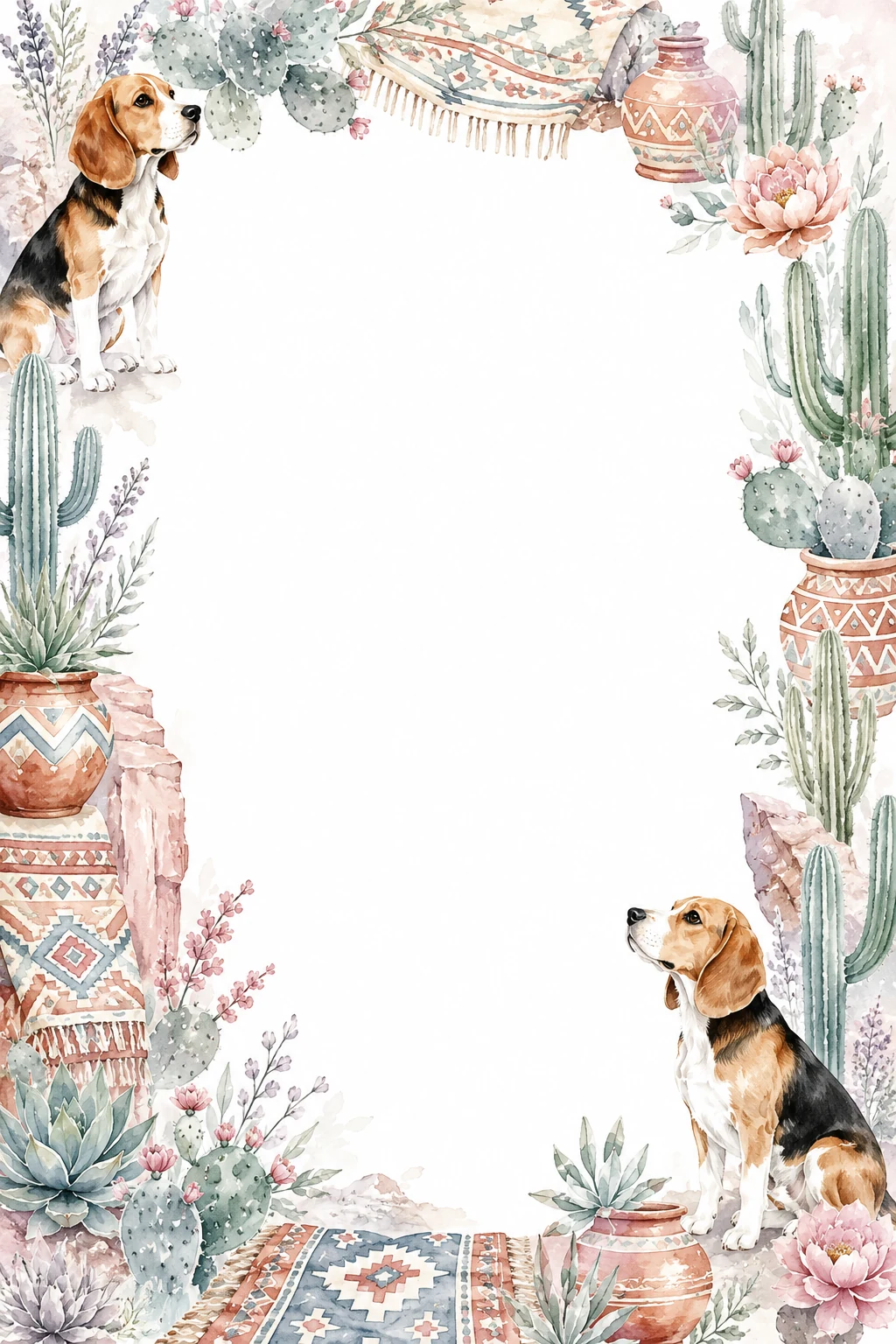 Watercolor border page featuring a Beagle in a desert setting, with a blank center and no text or watermark.
