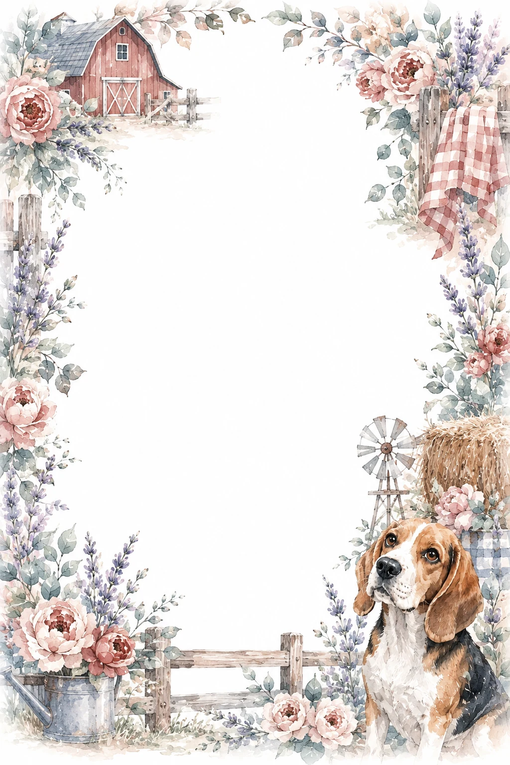 Watercolor border page featuring a Beagle in a farmhouse setting, with a blank center and no text or watermark.