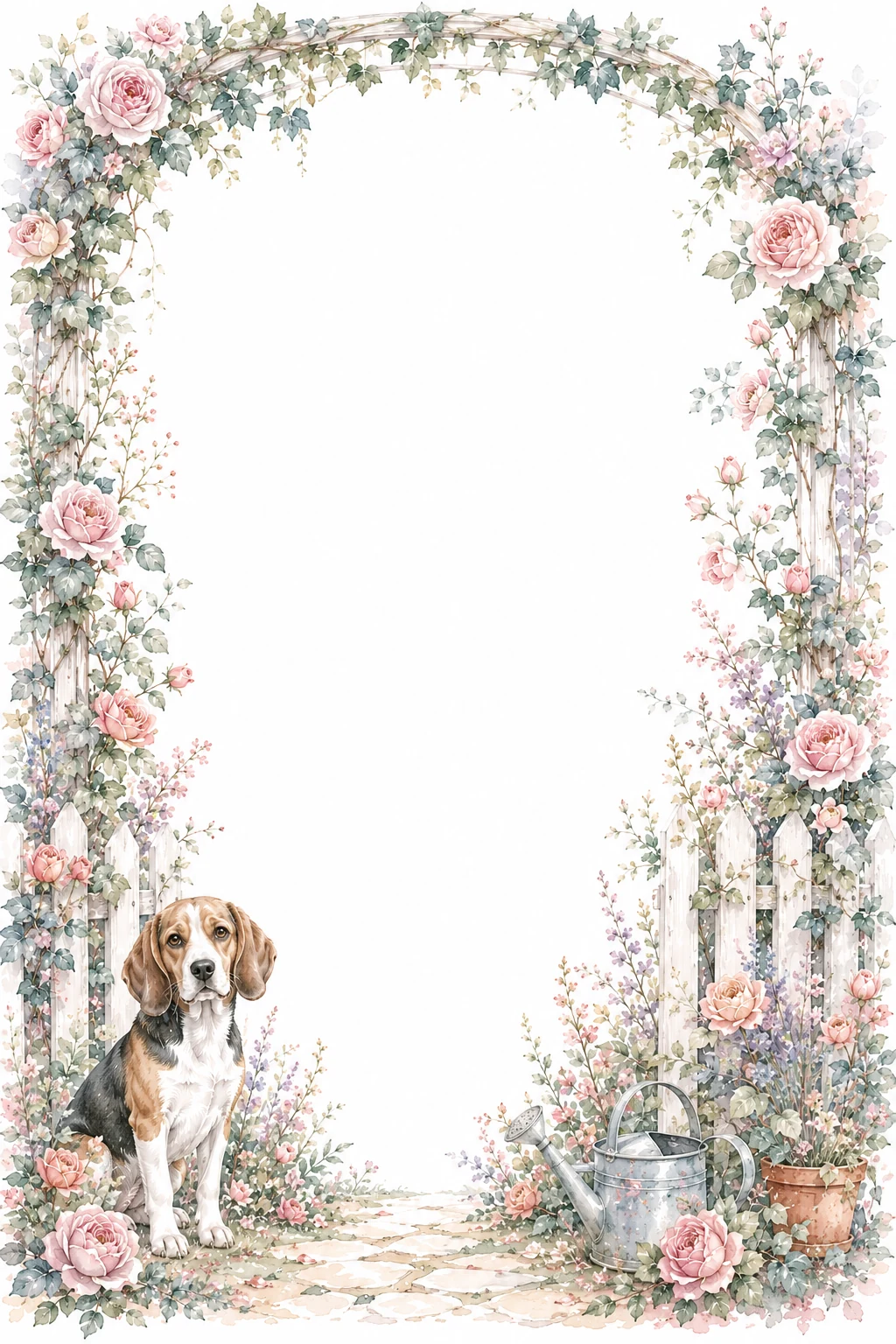 Watercolor border page featuring a Beagle in a garden setting, with a blank center and no text or watermark.