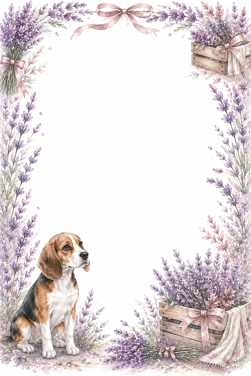 Watercolor border page featuring a Beagle in a lavender field setting, with a blank center and no text or watermark.
