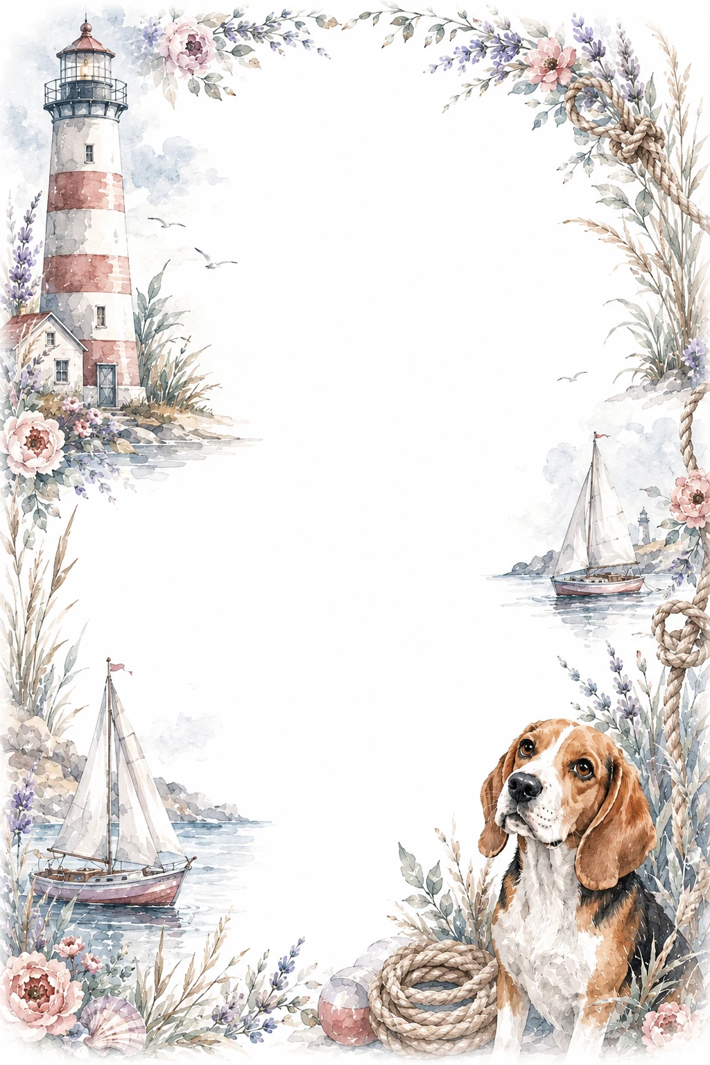 Watercolor border page featuring a Beagle in a lighthouse setting, with a blank center and no text or watermark.