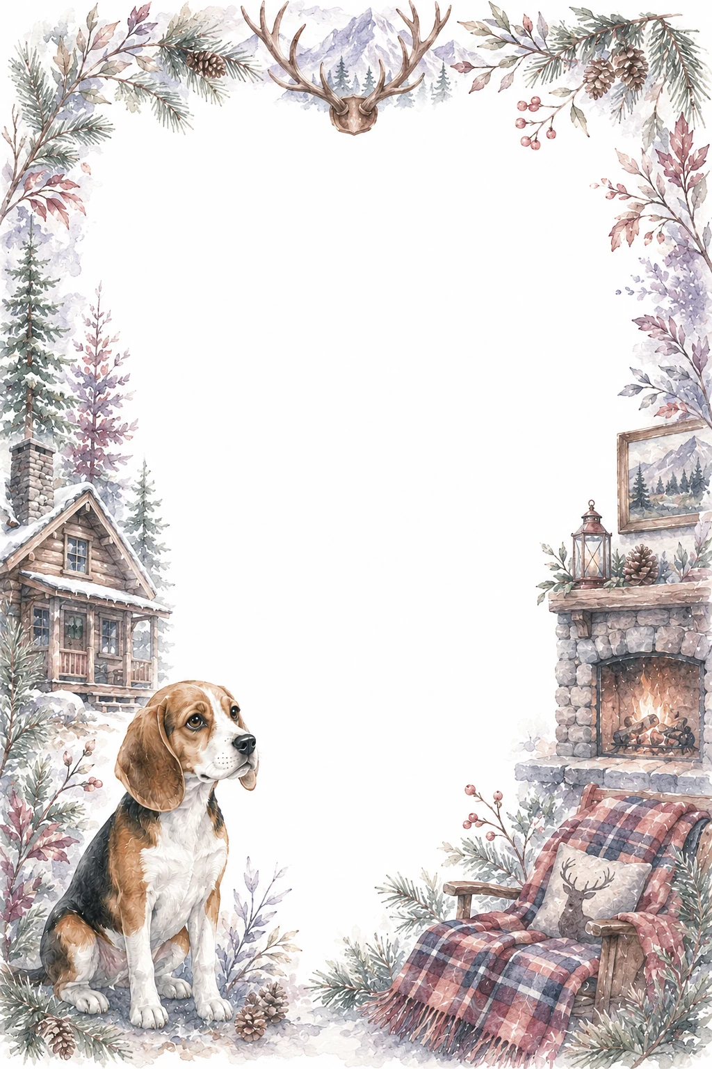 Watercolor border page featuring a Beagle in a mountain lodge setting, with a blank center and no text or watermark.