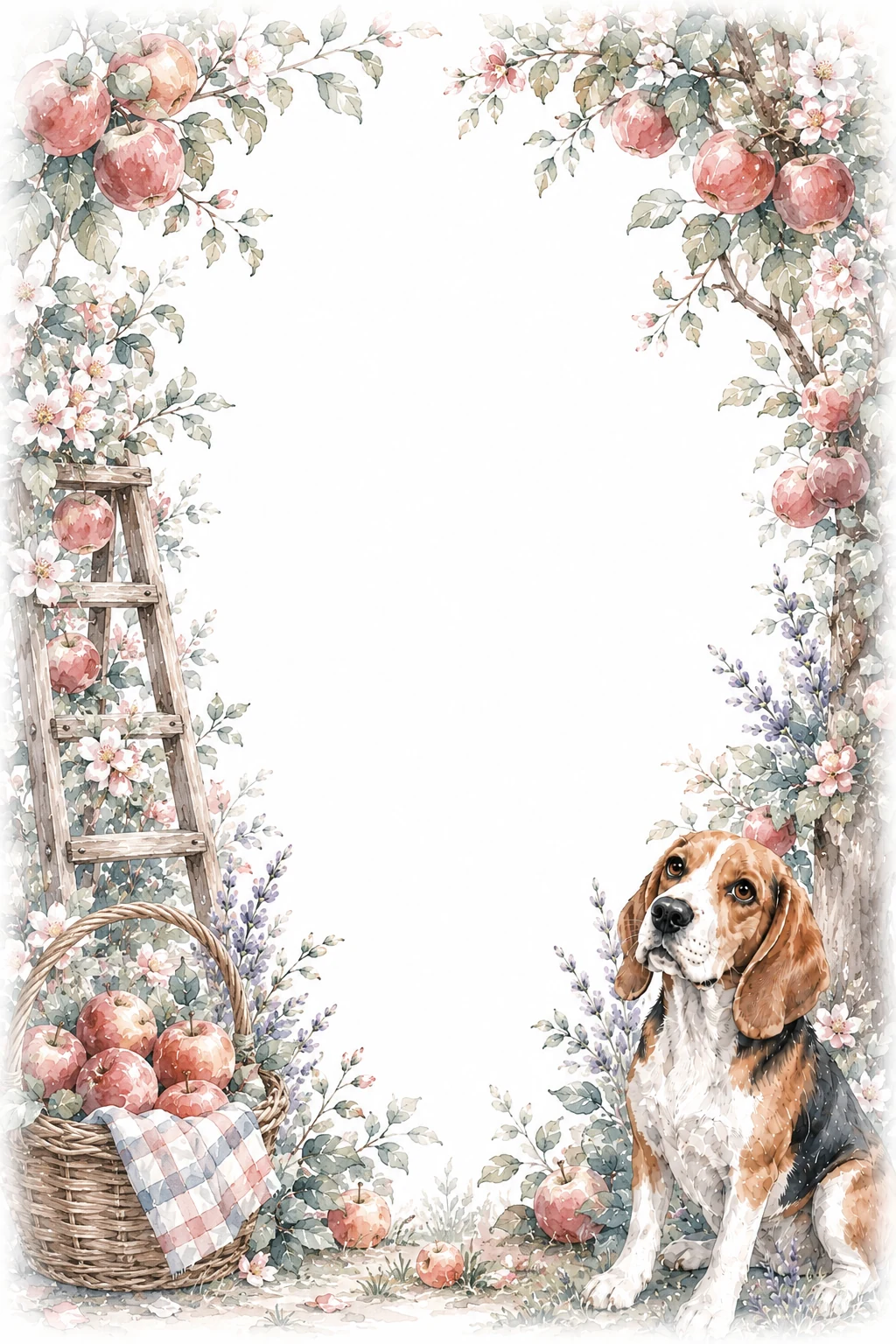Watercolor border page featuring a Beagle in a orchard setting, with a blank center and no text or watermark.