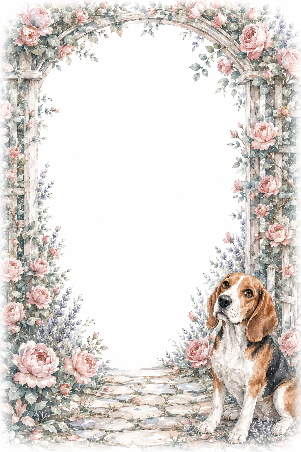 Watercolor border page featuring a Beagle in a rose trellis setting, with a blank center and no text or watermark.