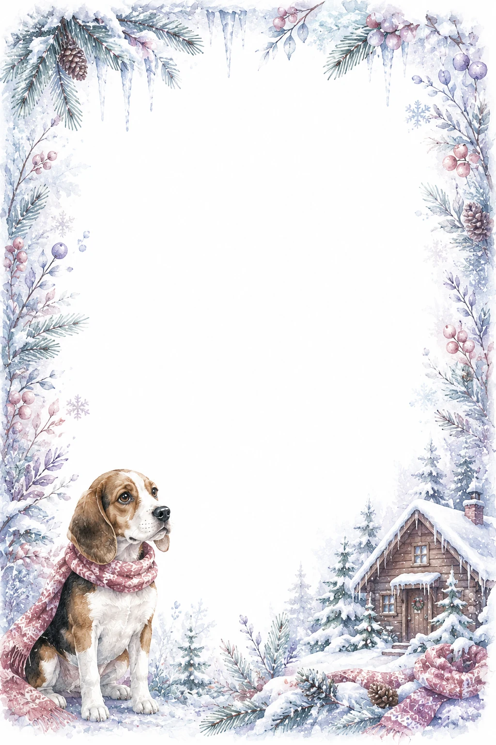 Watercolor border page featuring a Beagle in a snow cabin setting, with a blank center and no text or watermark.